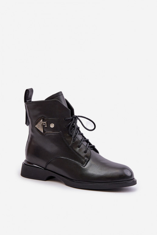 Piel Botas con tacones anchos con adornos calentamiento Tiene queciejka N3115-01 de color negro Piel Botas con tacones anchos con adornos calentamiento Tiene queciejka N3115-01 de color negro