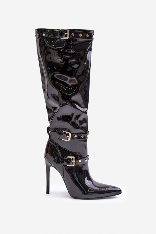 con efecto barniz botas con tacones finos con hebillas de color negro Emiraethe con efecto barniz botas con tacones finos con hebillas de color negro Emiraethe