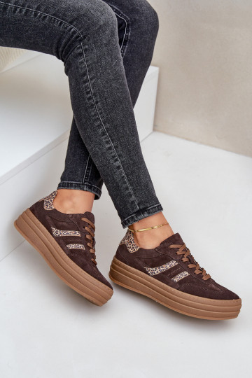 Botas deportivas de ante con plataforma y estampado de piel de leopardo, color chocolate