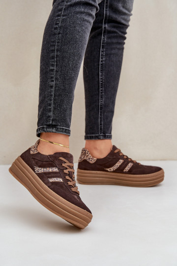 Botas deportivas de ante con plataforma y estampado de piel de leopardo, color chocolate 2