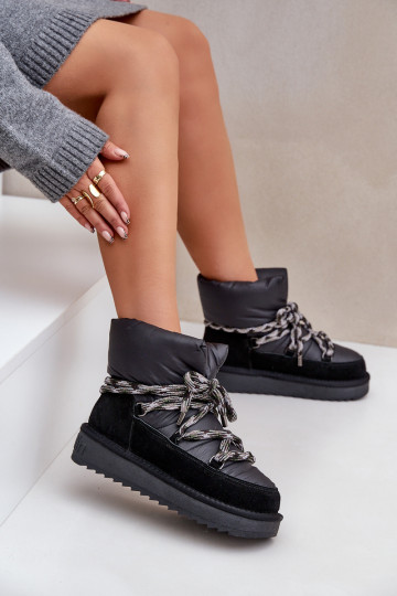Botas de nieve para mujer de ante con lazos gruesos, color negro