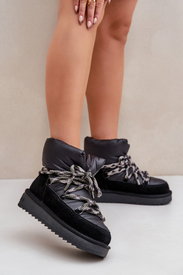 Botas de nieve para mujer de ante con lazos gruesos, color negro 2