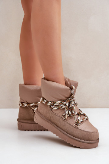 Botas de nieve para mujer de ante con lazos gruesos, color arcilla 2
