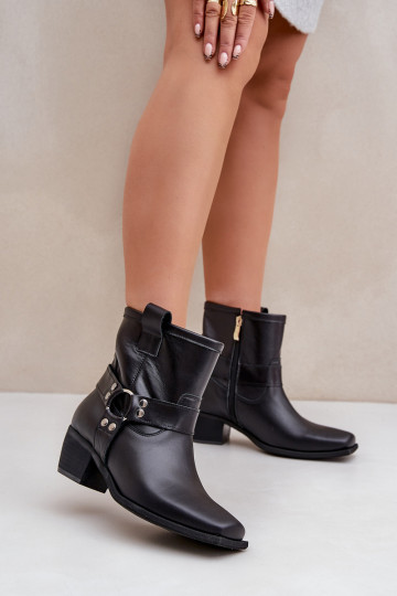 Botines de cuero natural con tacones, color negro 2