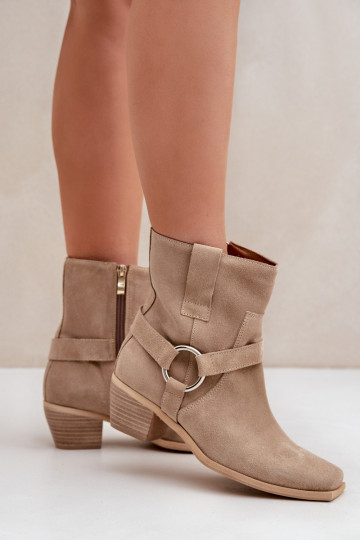 Botines de ante natural con tacones, color marfil