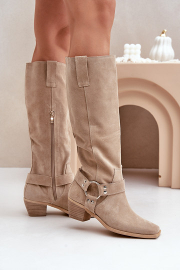 Botas de ante de caña alta con tacón bajo y cañón hasta la rodilla Zazoo 3444/O color marfil 2