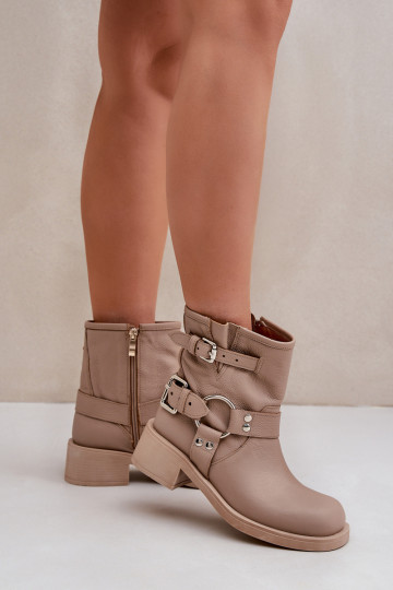 Piel Botas de mujer En un tacón bajo Klocku con rayas Zazoo 3644 beige