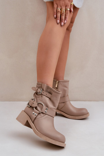 Piel Botas de mujer En un tacón bajo Klocku con rayas Zazoo 3644 beige 2
