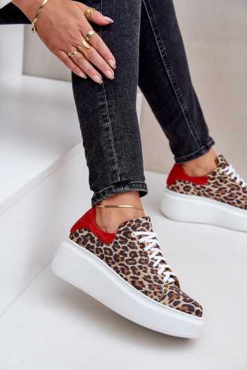 Zapatillas deportivas de cuero con plataforma y estampado de piel de leopardo Zazoo 3346 color marrón-rojo