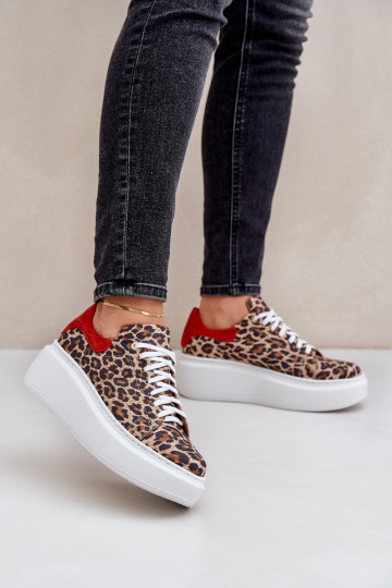 Zapatillas deportivas de cuero con plataforma y estampado de piel de leopardo Zazoo 3346 color marrón-rojo 2