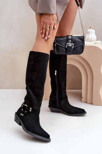 Botas de ante de estilo cowboy de caña alta con tacón bajo y adornos Zazoo 3656 color negro