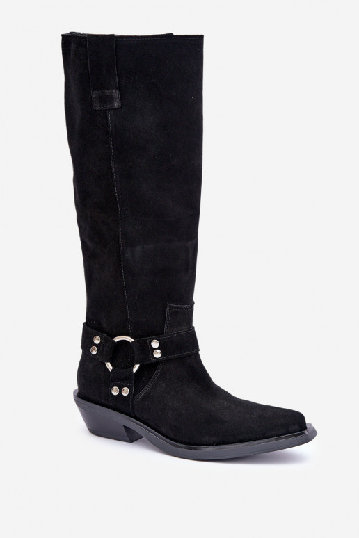de gamuza botas estilo vaquero En un tacón bajo con adornos Zazoo 3656 de color negro de gamuza botas estilo vaquero En un tacón bajo con adornos Zazoo 3656 de color negro