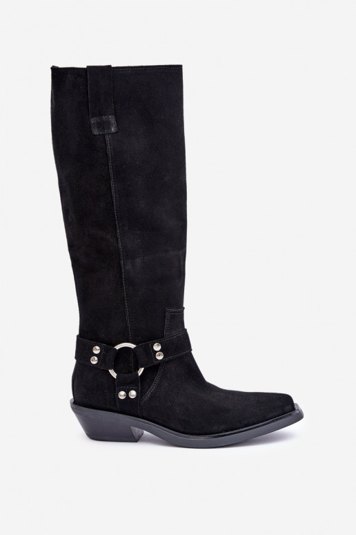 de gamuza botas estilo vaquero En un tacón bajo con adornos Zazoo 3656 de color negro de gamuza botas estilo vaquero En un tacón bajo con adornos Zazoo 3656 de color negro