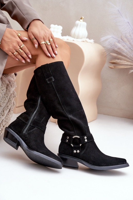 de gamuza botas estilo vaquero En un tacón bajo con adornos Zazoo 3656 de color negro de gamuza botas estilo vaquero En un tacón bajo con adornos Zazoo 3656 de color negro