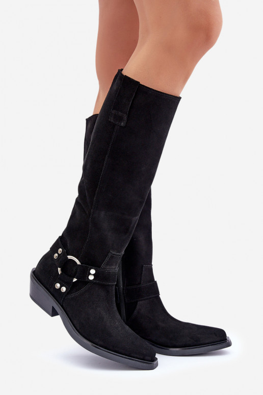 de gamuza botas estilo vaquero En un tacón bajo con adornos Zazoo 3656 de color negro de gamuza botas estilo vaquero En un tacón bajo con adornos Zazoo 3656 de color negro