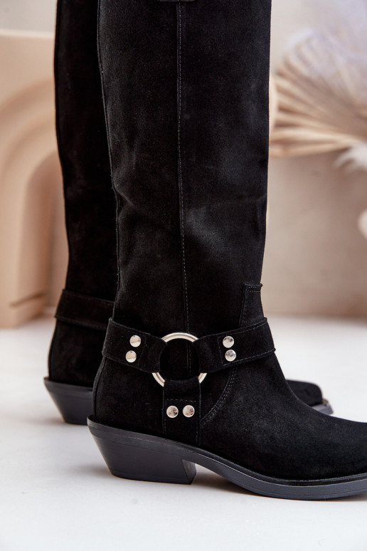 de gamuza botas estilo vaquero En un tacón bajo con adornos Zazoo 3656 de color negro de gamuza botas estilo vaquero En un tacón bajo con adornos Zazoo 3656 de color negro