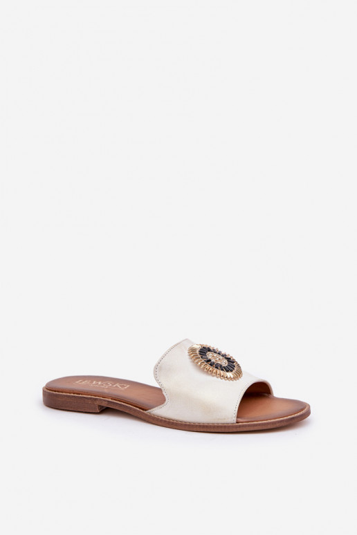 Zapatillas de cuero con adornos con tacones anchos LeAski 3047/O color dorado Przecierany Zapatillas de cuero con adornos con tacones anchos LeAski 3047/O color dorado Przecierany