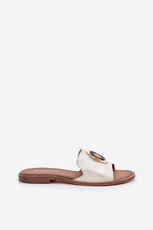 Zapatillas de cuero con adornos con tacones anchos LeAski 3047/O color dorado Przecierany Zapatillas de cuero con adornos con tacones anchos LeAski 3047/O color dorado Przecierany