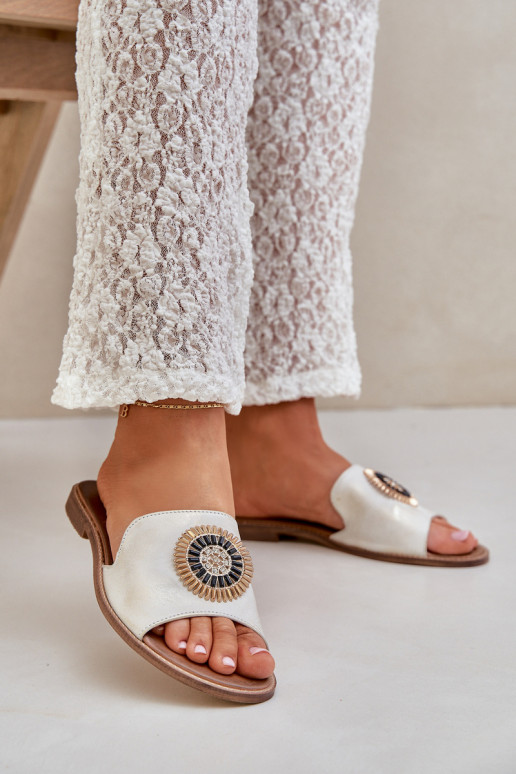 Zapatillas de cuero con adornos con tacones anchos LeAski 3047/O color dorado Przecierany Zapatillas de cuero con adornos con tacones anchos LeAski 3047/O color dorado Przecierany