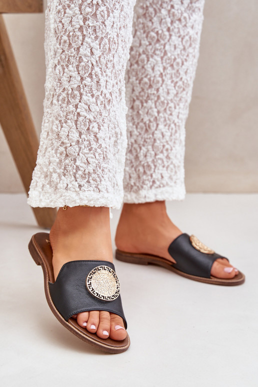 Zapatillas de cuero con adornos con tacones anchos Zazoo 3047/O de color negro