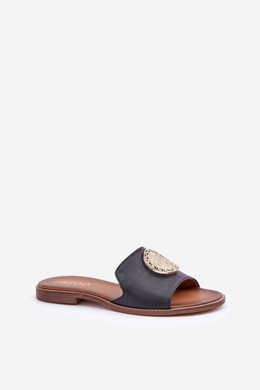 Zapatillas de cuero con adornos con tacones anchos Zazoo 3047/O de color negro