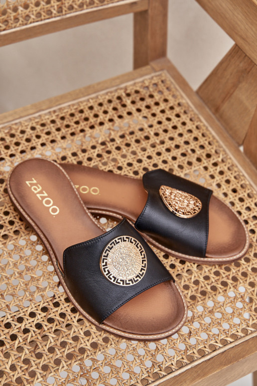 Zapatillas de cuero con adornos con tacones anchos Zazoo 3047/O de color negro