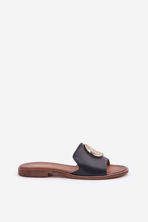 Zapatillas de cuero con adornos con tacones anchos Zazoo 3047/O de color negro