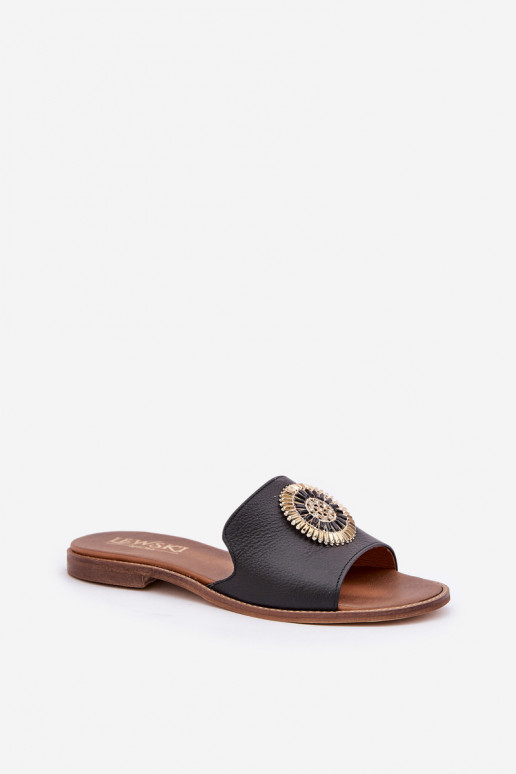 Zapatillas de cuero con adornos con tacones anchos Zazoo 3047/O de color negro