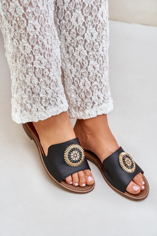 Zapatillas de cuero con adornos con tacones anchos Zazoo 3047/O de color negro