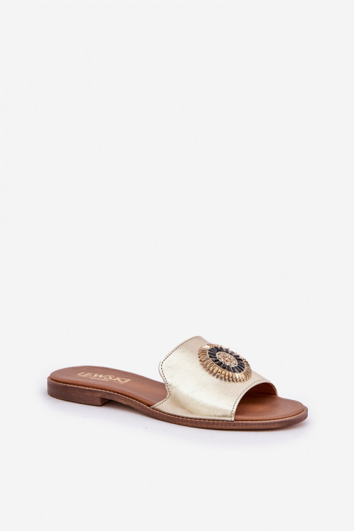 Zapatillas de cuero con adornos con tacones anchos Zazoo 3047/O color dorado