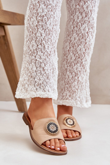 Zapatillas de cuero con adornos con tacones anchos LeAski 3047/O beige