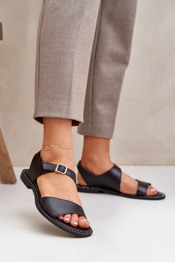 Sandalias de piel con suela plana para mujer Zazoo 3014 color negro