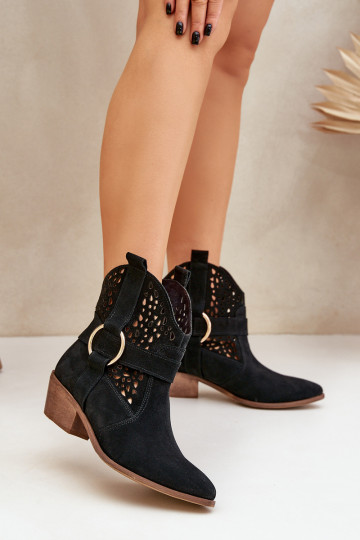 Botas de ante de estilo cowboy con elementos calados y tacones Zazoo 2994 color negro 2