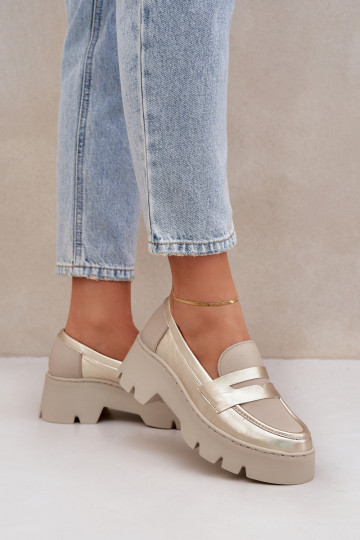 Mocasines de cuero para mujer con plataforma Zazoo 20191 color oro