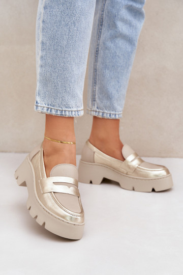Mocasines de cuero para mujer con plataforma Zazoo 20191 color oro 2