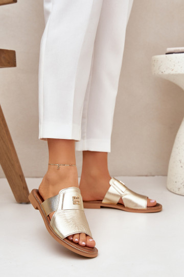 Estilo elegante Zapatillas Hecho de cuero natural con tacones anchos Zazoo 40423 color dorado