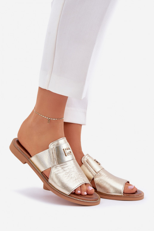 Estilo elegante Zapatillas Hecho de cuero natural con tacones anchos Zazoo 40423 color dorado Estilo elegante Zapatillas Hecho de cuero natural con tacones anchos Zazoo 40423 color dorado