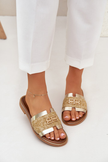 Zapatillas de cuero Con decoraciones Detalem I Plecionką Zazoo 40426 color dorado