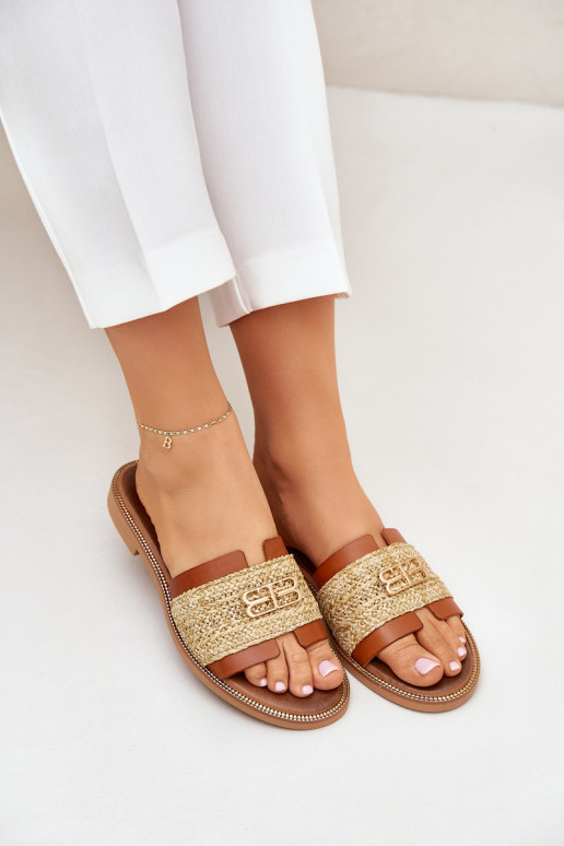 Zapatillas de cuero Con decoraciones Detalem I Plecionką Zazoo 40426 color marrón Zapatillas de cuero Con decoraciones Detalem I Plecionką Zazoo 40426 color marrón