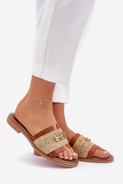 Zapatillas de cuero Con decoraciones Detalem I Plecionką Zazoo 40426 color marrón Zapatillas de cuero Con decoraciones Detalem I Plecionką Zazoo 40426 color marrón