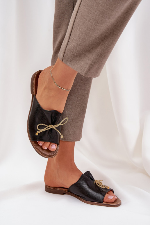 Piel isósceles Estilo elegante Zapatillas con cintas LeAski 3572 de color negro Piel isósceles Estilo elegante Zapatillas con cintas LeAski 3572 de color negro