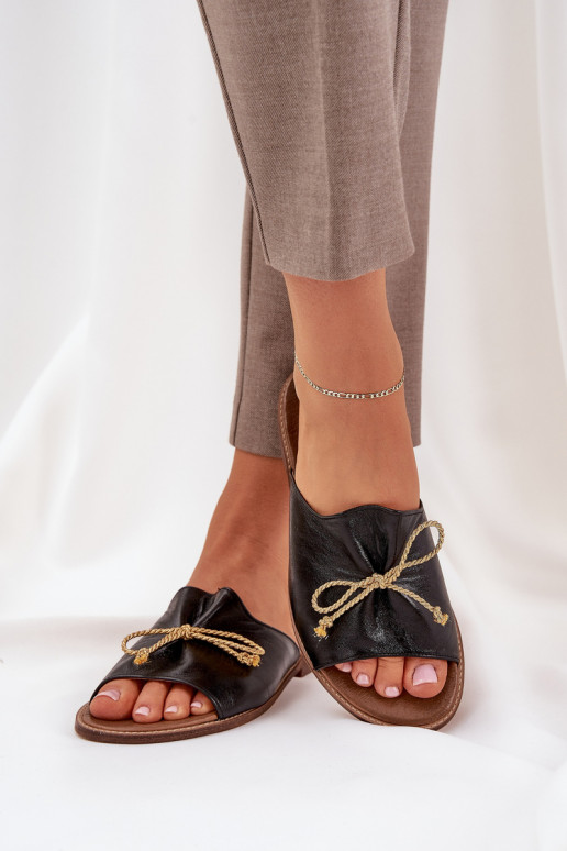 Piel isósceles Estilo elegante Zapatillas con cintas LeAski 3572 de color negro Piel isósceles Estilo elegante Zapatillas con cintas LeAski 3572 de color negro