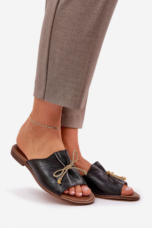 Piel isósceles Estilo elegante Zapatillas con cintas LeAski 3572 de color negro Piel isósceles Estilo elegante Zapatillas con cintas LeAski 3572 de color negro