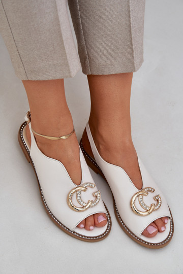 Sandalias de mujer con tacones anchos y adornos Laura Messi 2865 color marfil