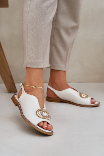 Sandalias de mujer con tacones anchos con adornos Laura Messi 2865 color marfil 2