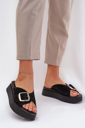 Zapatillas de mujer de gamuza con hebillas y plataforma Zazoo 3019 color negro