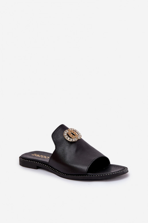 Estilo elegante Zapatillas de cuero Femenino con adornos Zazoo 3008 de color negro Estilo elegante Zapatillas de cuero Femenino con adornos Zazoo 3008 de color negro