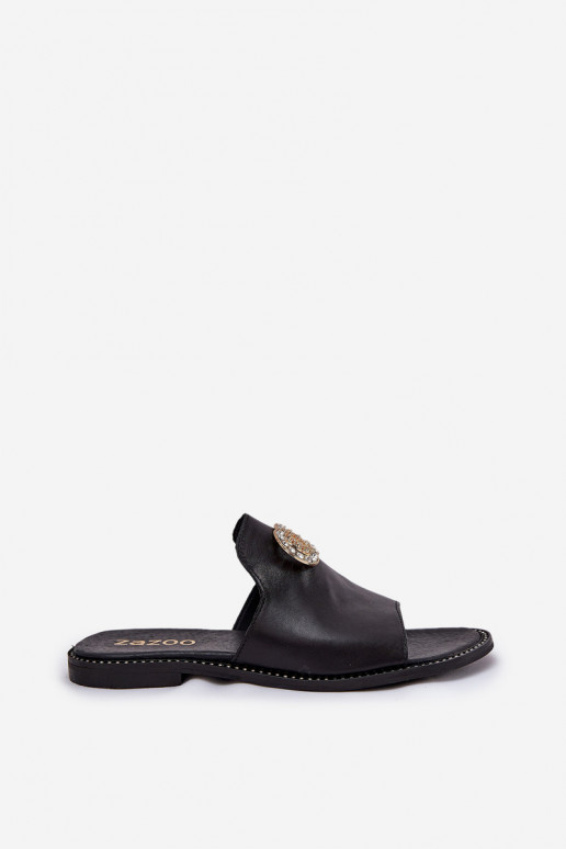 Estilo elegante Zapatillas de cuero Femenino con adornos Zazoo 3008 de color negro Estilo elegante Zapatillas de cuero Femenino con adornos Zazoo 3008 de color negro