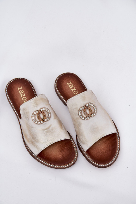 Estilo elegante Zapatillas de cuero Femenino con adornos Zazoo 3008 color dorado Przecierany Estilo elegante Zapatillas de cuero Femenino con adornos Zazoo 3008 color dorado Przecierany