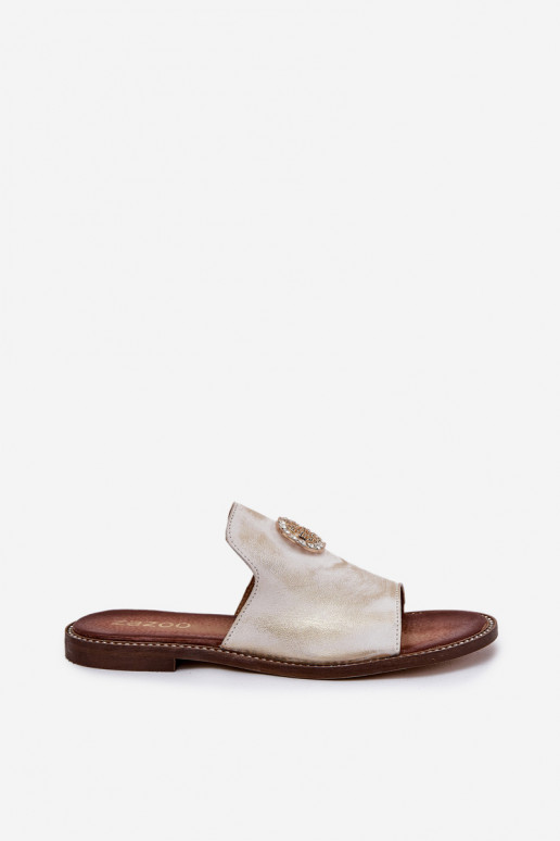 Estilo elegante Zapatillas de cuero Femenino con adornos Zazoo 3008 color dorado Przecierany Estilo elegante Zapatillas de cuero Femenino con adornos Zazoo 3008 color dorado Przecierany